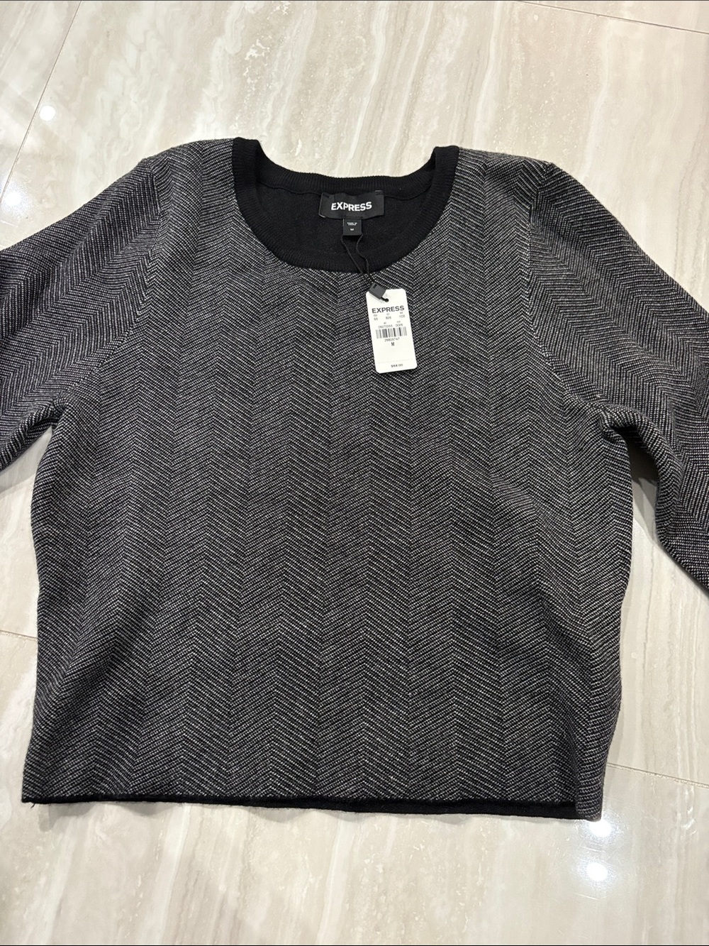 Express Gray & Black Herringbone Crewneck Sweater